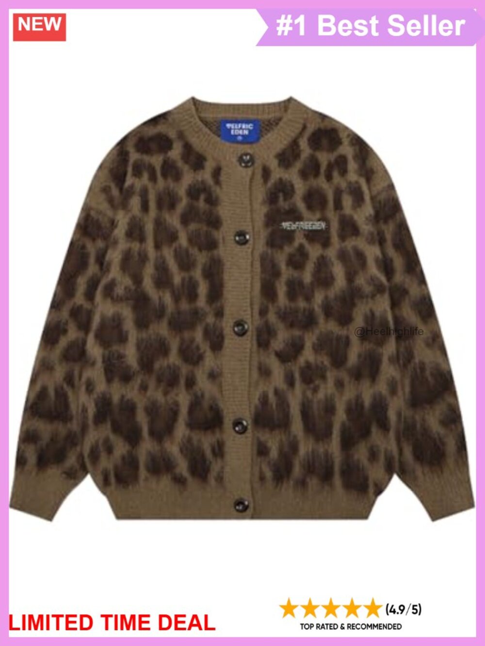 Oversized Leopard Print Button Down Crewneck Cardigan Sweater